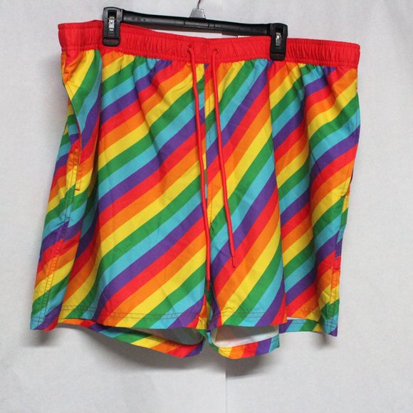 Way To Celebrate Pride Above The Knee Men's 3XL (48-50) Happy Stripes Swim Trunk - Picture 1 of 11